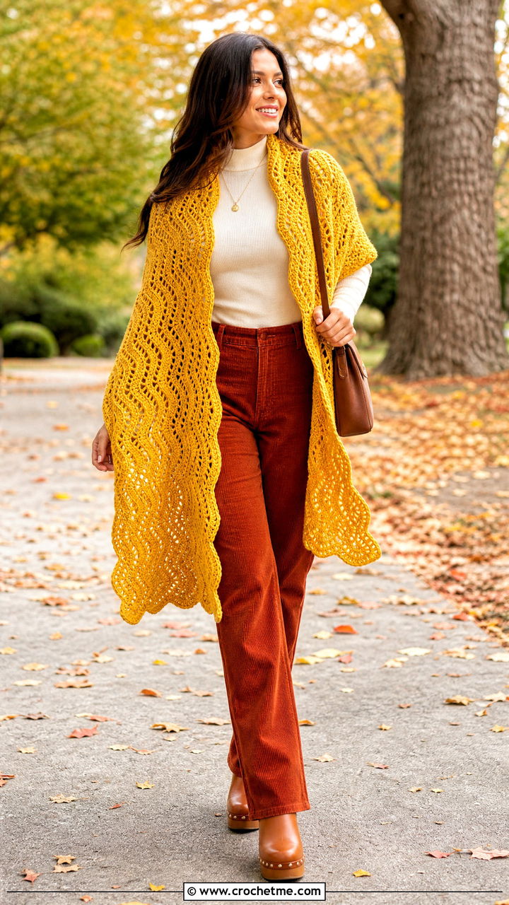 Ripple Crochet Prayer Shawl With Corduroy Pants And Clogs - 35 easy crochet prayer shawls outfit ideas