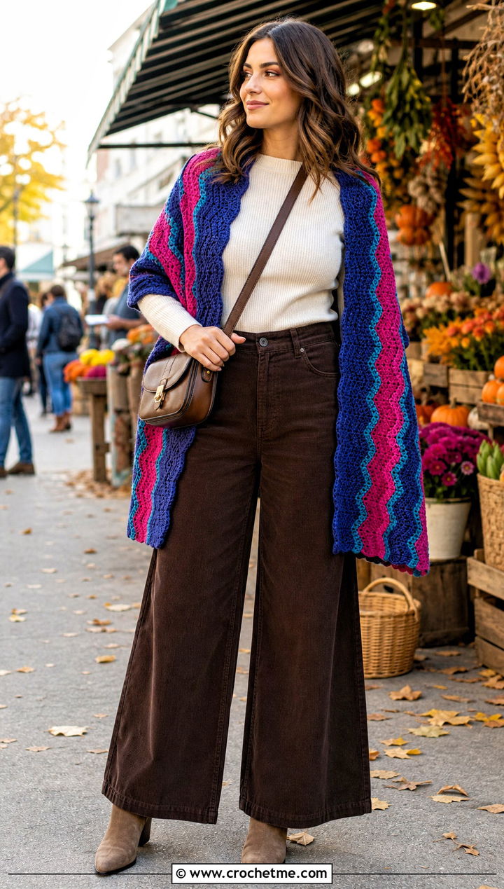 Ripple Crochet Rectangle Shawl With Corduroy Pants - 35 Crochet Rectangle Shawl outfit ideas