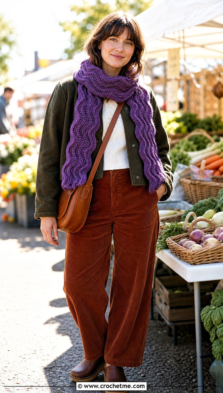 Ripple Crochet Scarf With Barn Jacket And Corduroy Pants - 20 Elegant Crochet Scarf outfit ideas