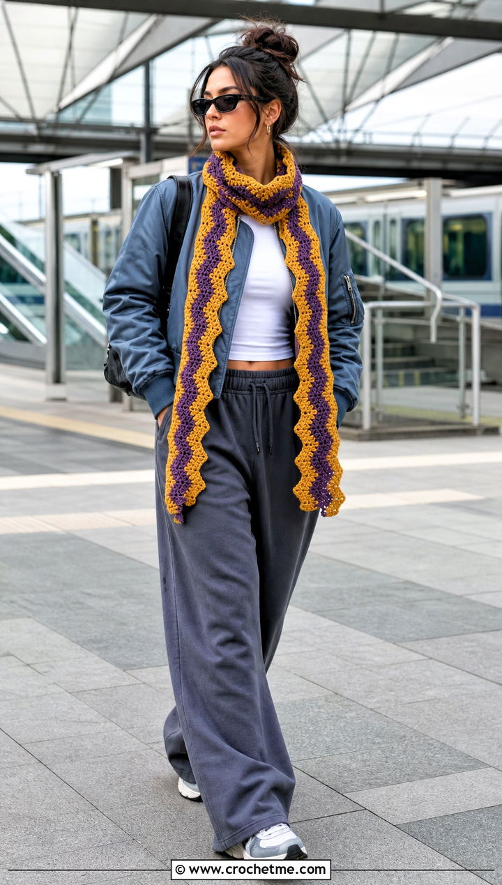 Ripple Crochet Scarf With Bomber Jacket - 35 crochet neck scarf outfit ideas