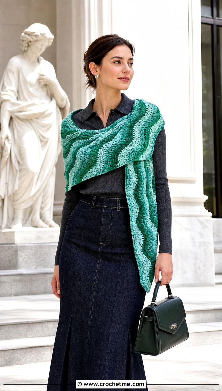 Ripple Crochet Scarf With Denim Maxi Skirt - 25 denim and crochet scarf outfit ideas