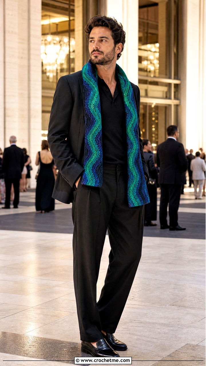 Ripple Crochet Scarf With Evening Outfit - 35 men's crochet scarf outfit ideas