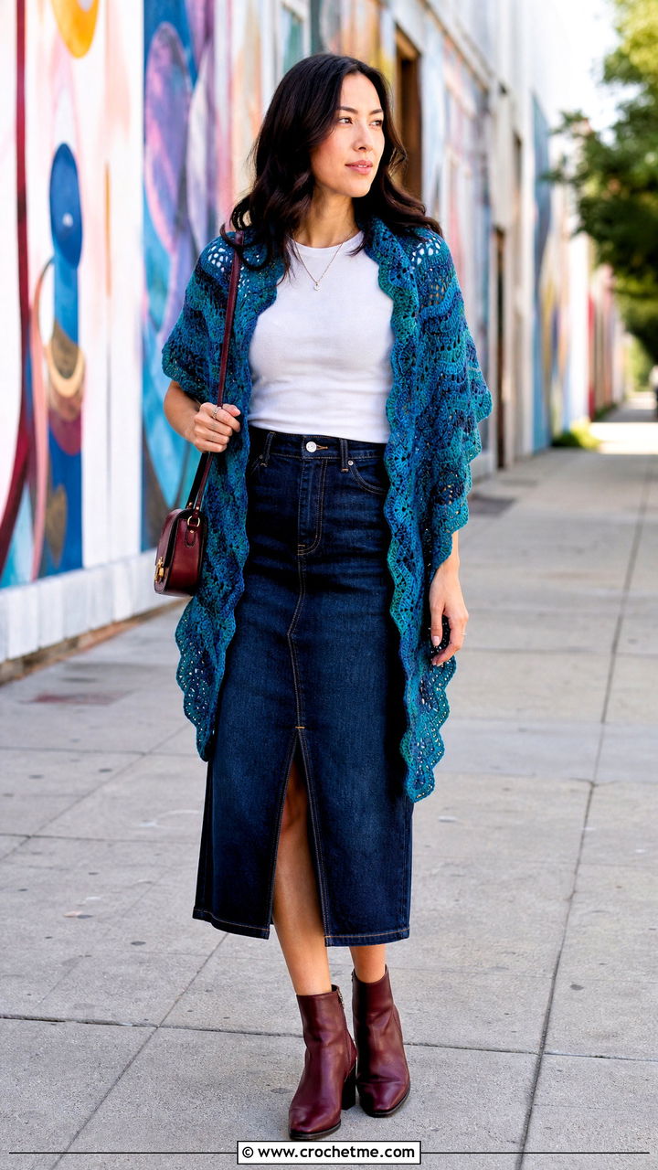Ripple Crochet Shawl With Denim Midi Skirt - 35 easy simple crochet shawl outfit ideas