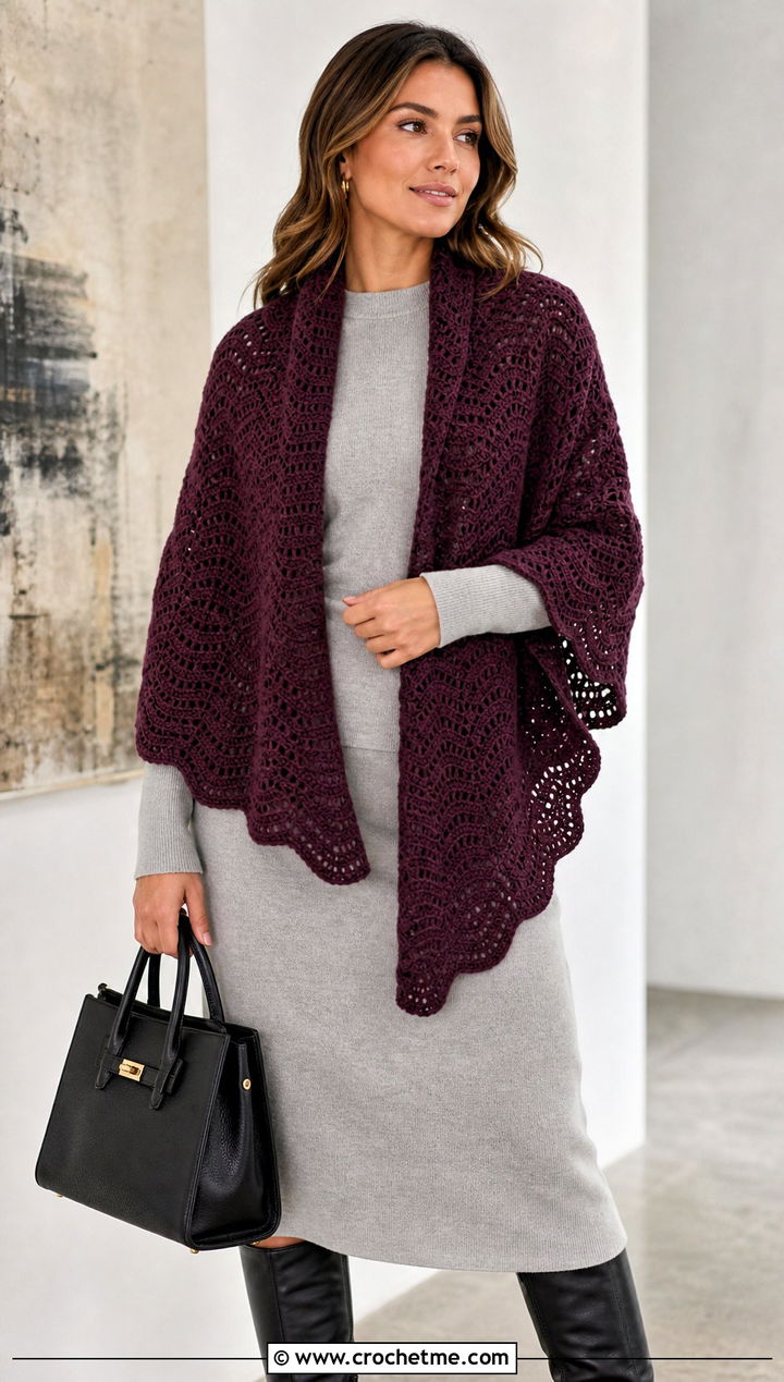 Ripple Crochet Shawl With Sweater Skirt Set - 25 Simple Crochet Shawl outfit ideas