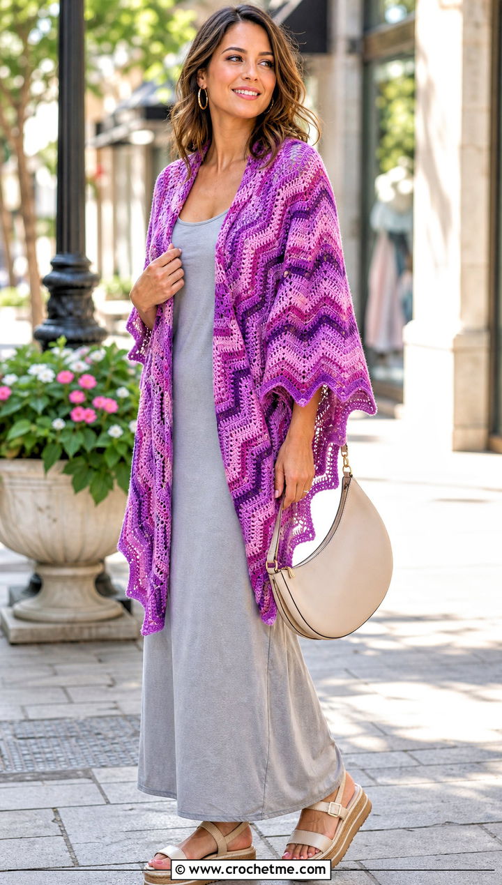 Ripple Crochet Shawl With Tank Dress - 30 summer crochet shawl outfit ideas