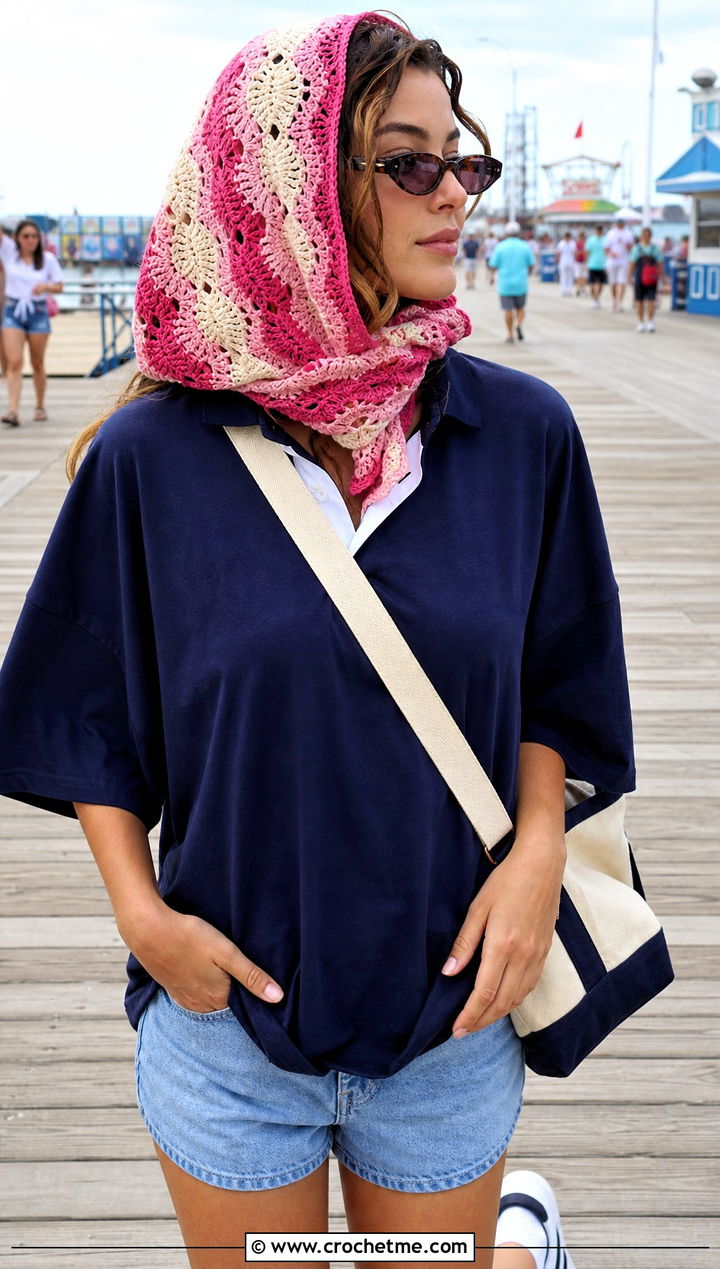 Ripple Crochet Summer Scarf With Rugby Shirt And Denim Shorts - 30 crochet summer scarf outfit ideas