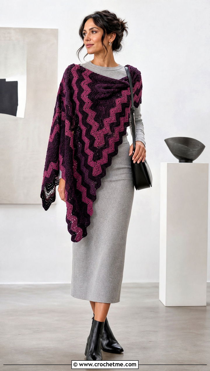 Ripple Crochet Wrap Shawl With Monochrome Knit Set - 35 crochet wrap shawl outfit ideas