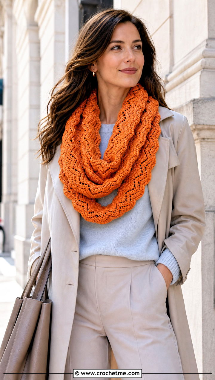 Ripple Infinity Crochet Scarf With Trench Coat - 25 Zig Zag Crochet Scarf outfit ideas