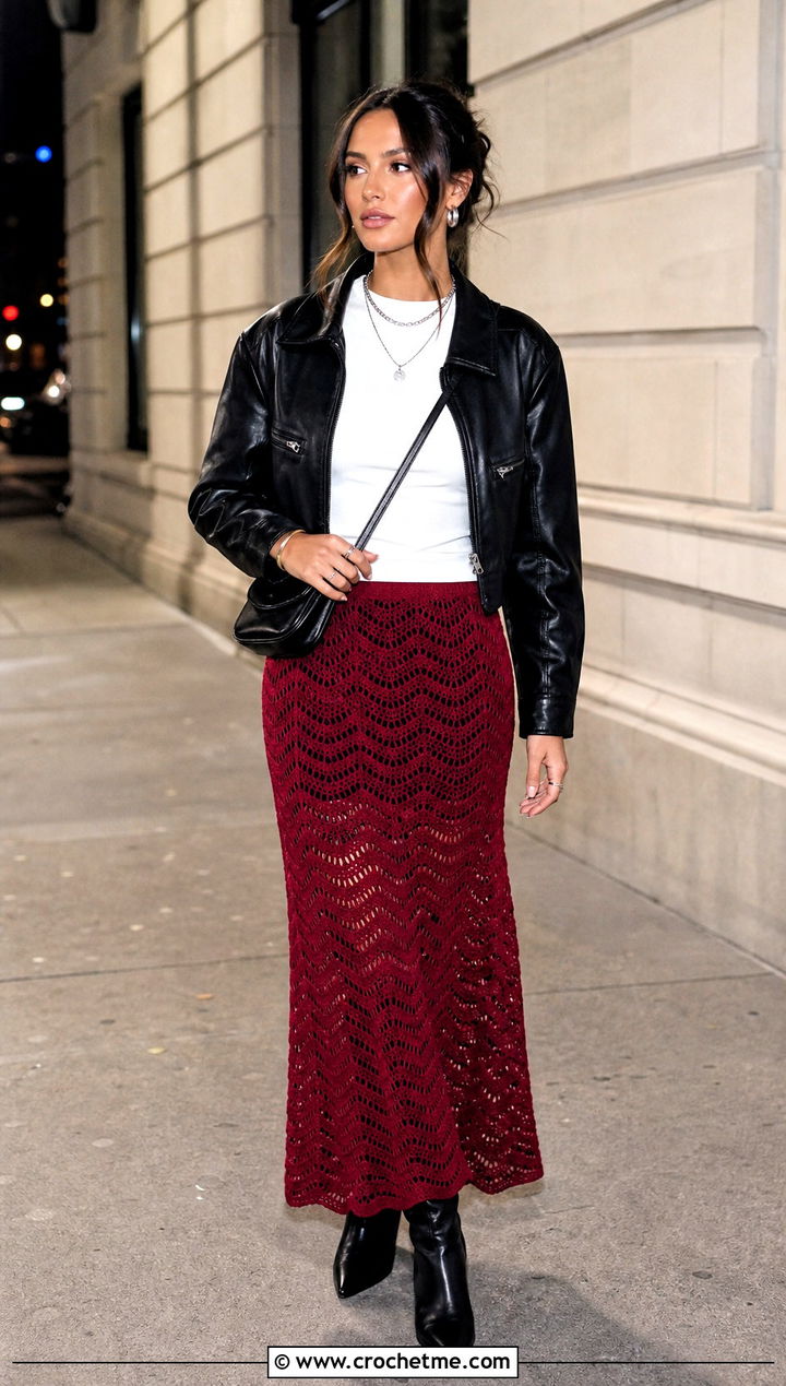 Ripple Maxi Crochet Skirt With Leather Jacket - 35 maxi crochet skirt outfit ideas