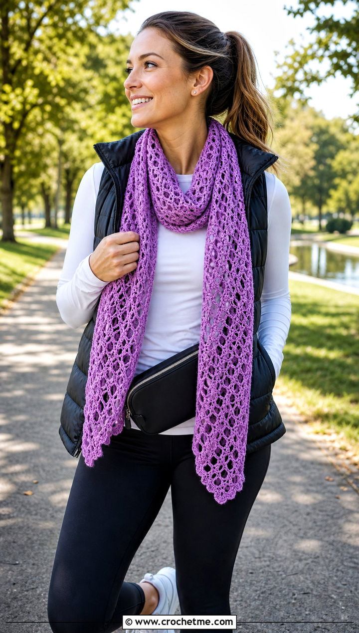 Ripple Mesh Crochet Scarf With Puffer Vest And Leggings - 25 Mesh Crochet Scarf outfit ideas