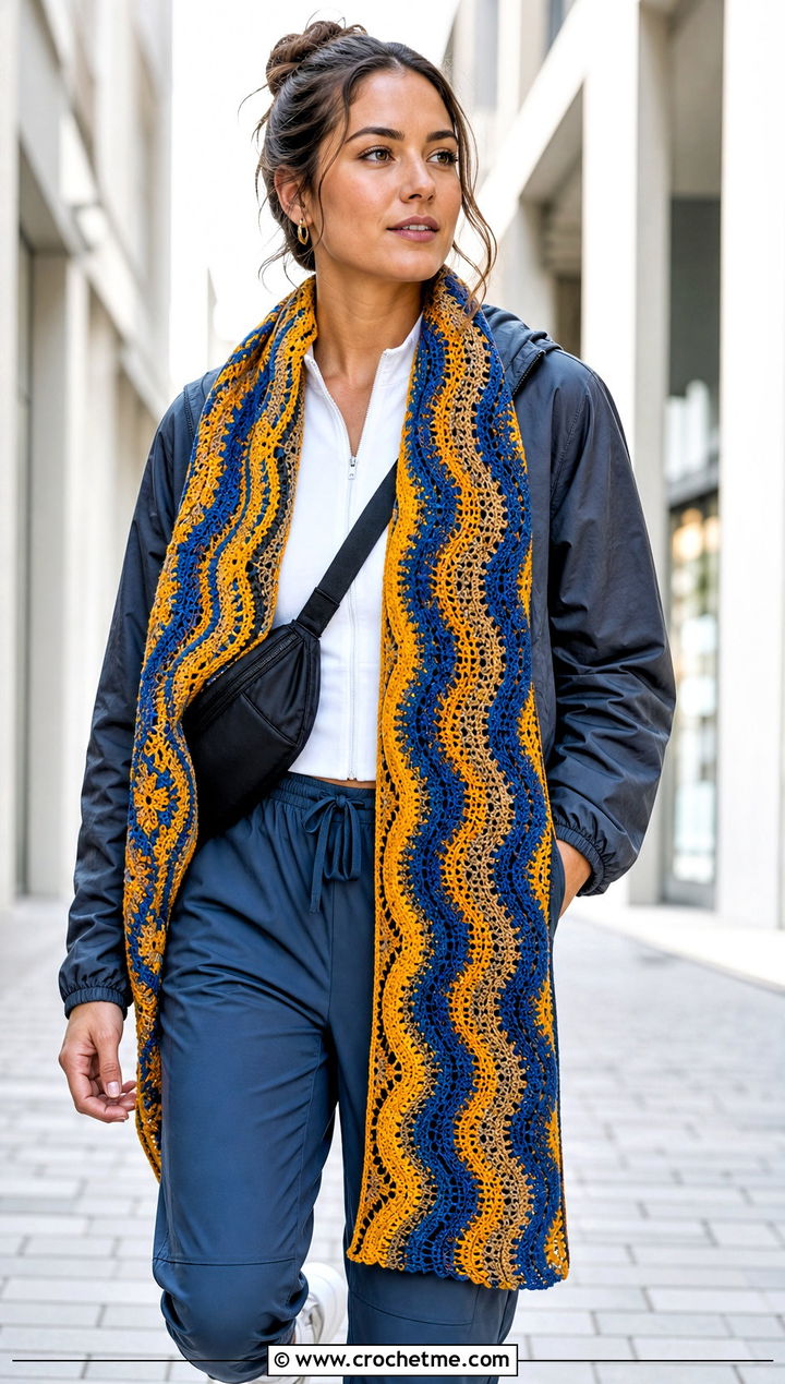 Ripple Mosaic Crochet Scarf With Athleisure Outfit - 25 Mosaic Crochet Scarf outfit ideas