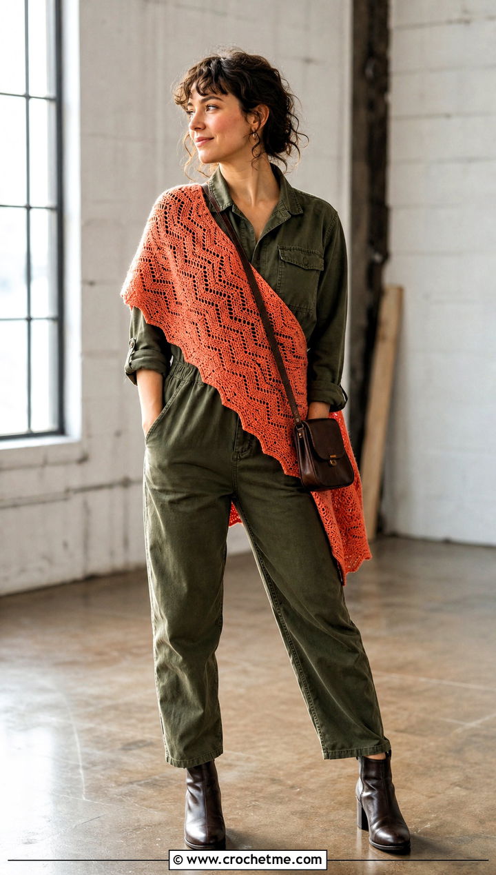 Ripple Rectangle Crochet Shawl With Utility Jumpsuit - 20 Rectangle Crochet Shawl outfit ideas