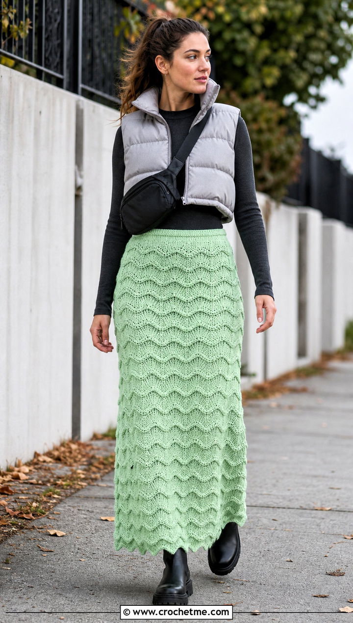 Ripple Ruffle Crochet Maxi Skirt With Puffer Vest - 35 crochet skirt with ruffles outfit ideas