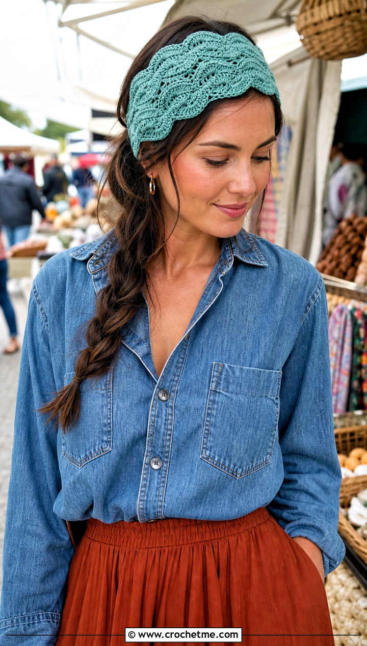 Ripple Shell Crochet Ear Headband With Denim Shirt And Maxi Skirt - 30 crochet ear headband outfit ideas