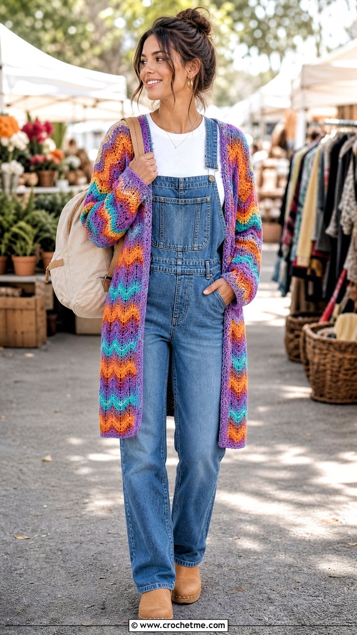 Ripple Stitch Boho Crochet Cardigan With Denim Overalls - 35 Boho Crochet Cardigan outfit ideas