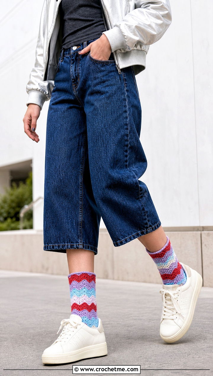 Ripple Stitch Crew Crochet Wool Socks With Barrel Jeans - 30 Crochet Wool Socks outfit ideas