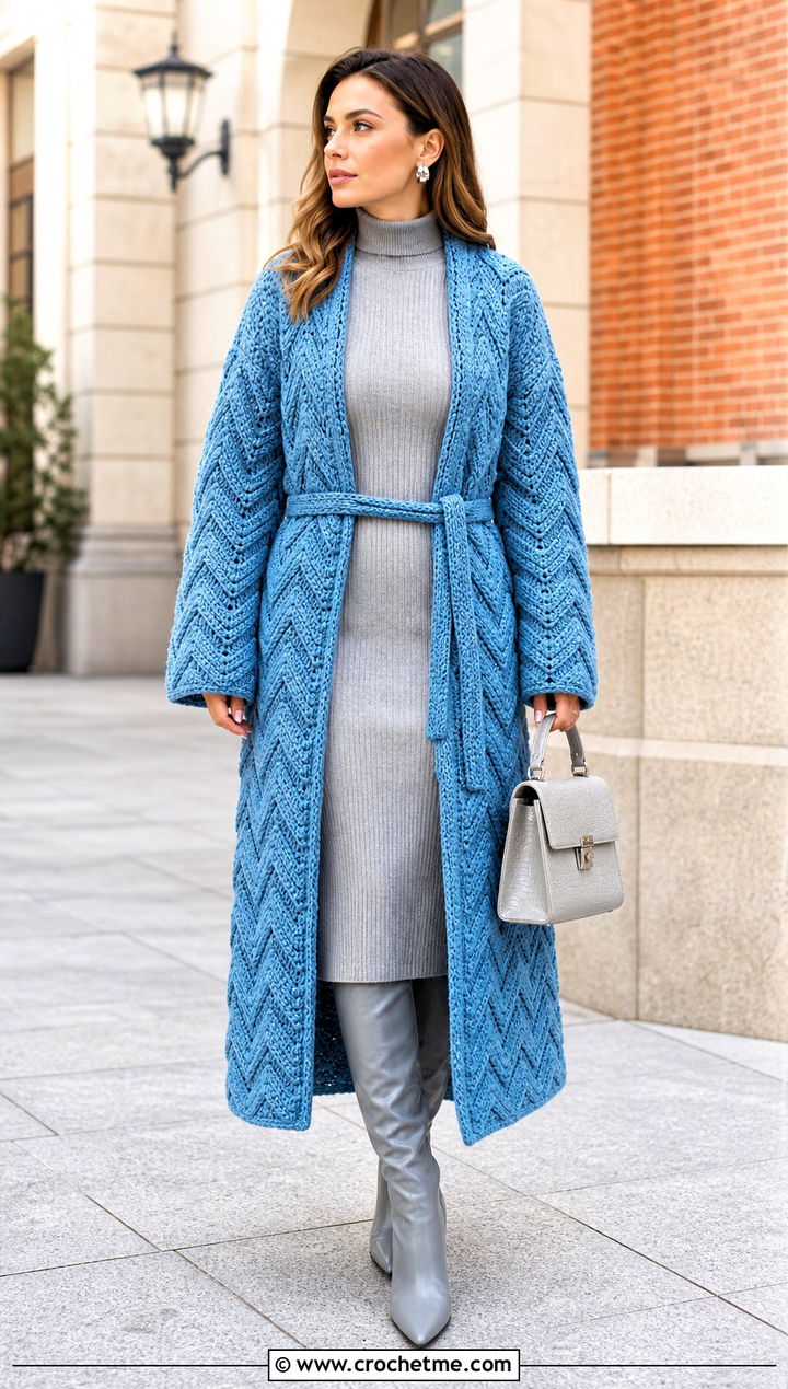 Ripple Stitch Crochet Bathrobe With Knit Dress - 30 crochet bathrobe outfit ideas
