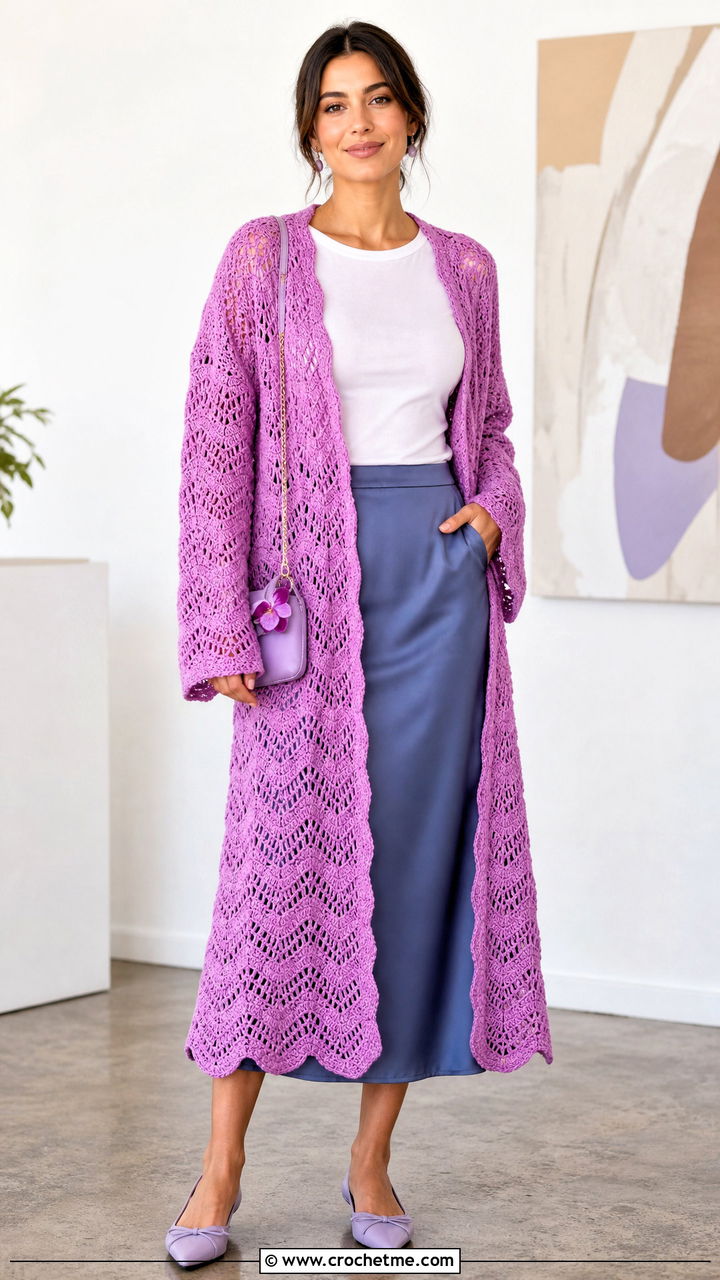 Ripple Stitch Crochet Blanket Cardigan With Midi Skirt - 35 crochet blanket cardigan outfit ideas