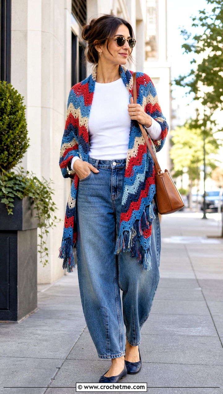 Ripple Stitch Crochet Boho Shawl With Barrel Jeans - 30 crochet boho shawl outfit ideas