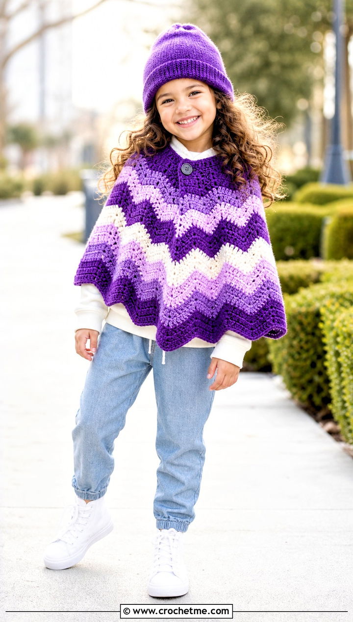 Ripple Stitch Crochet Carseat Poncho With Denim Joggers - 25 Crochet Carseat Poncho outfit ideas