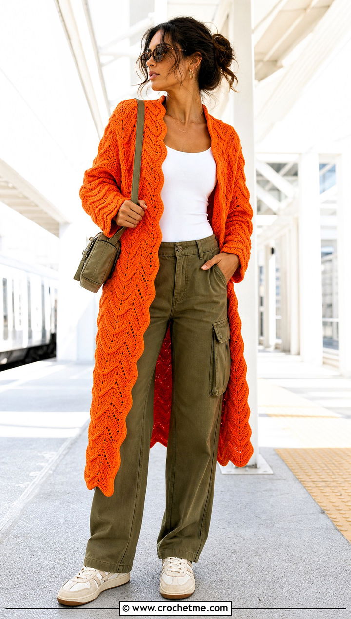 Ripple Stitch Crochet Coat With Cargo Pants - 25 Crochet Coat For Women outfit ideas