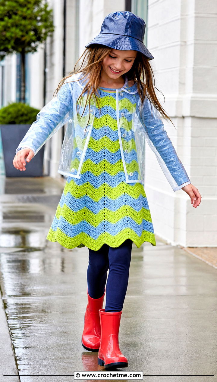 Ripple Stitch Crochet Dress With Raincoat And Rain Boots - 15 Crochet Childs Dress outfit ideas