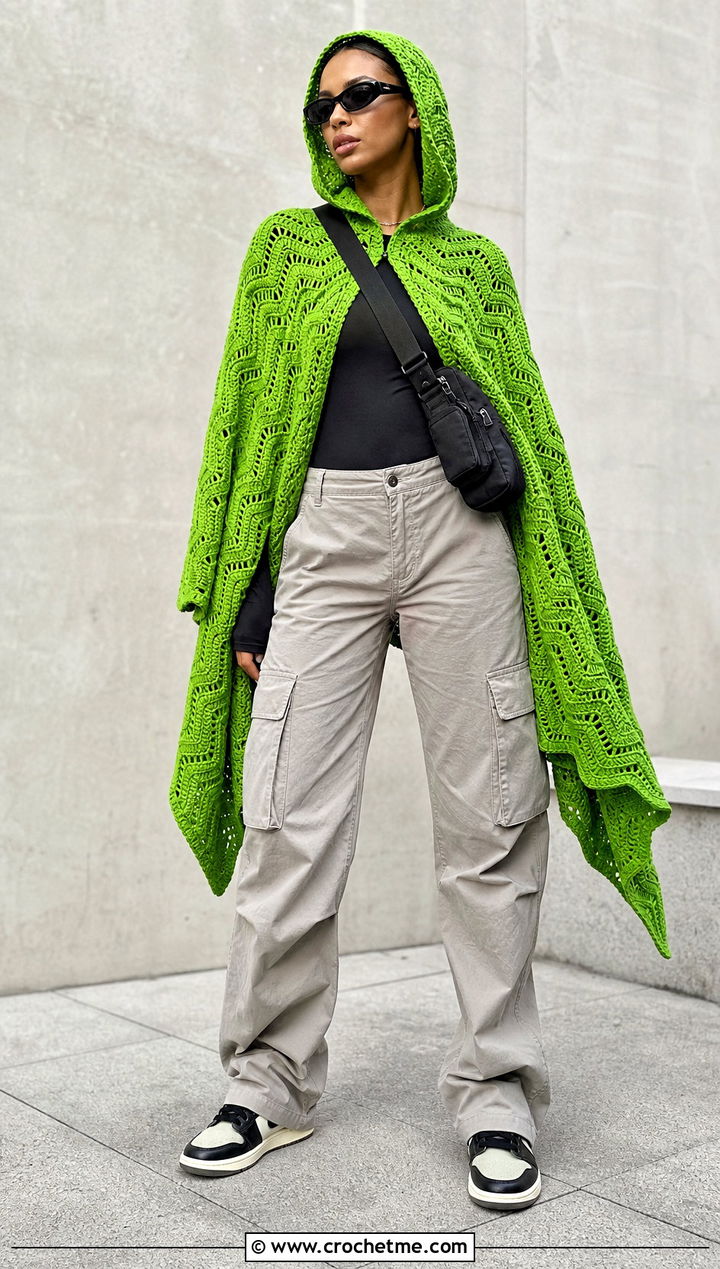 Ripple Stitch Crochet Hooded Cape With Cargo Pants - 35 crochet hooded cape outfit ideas