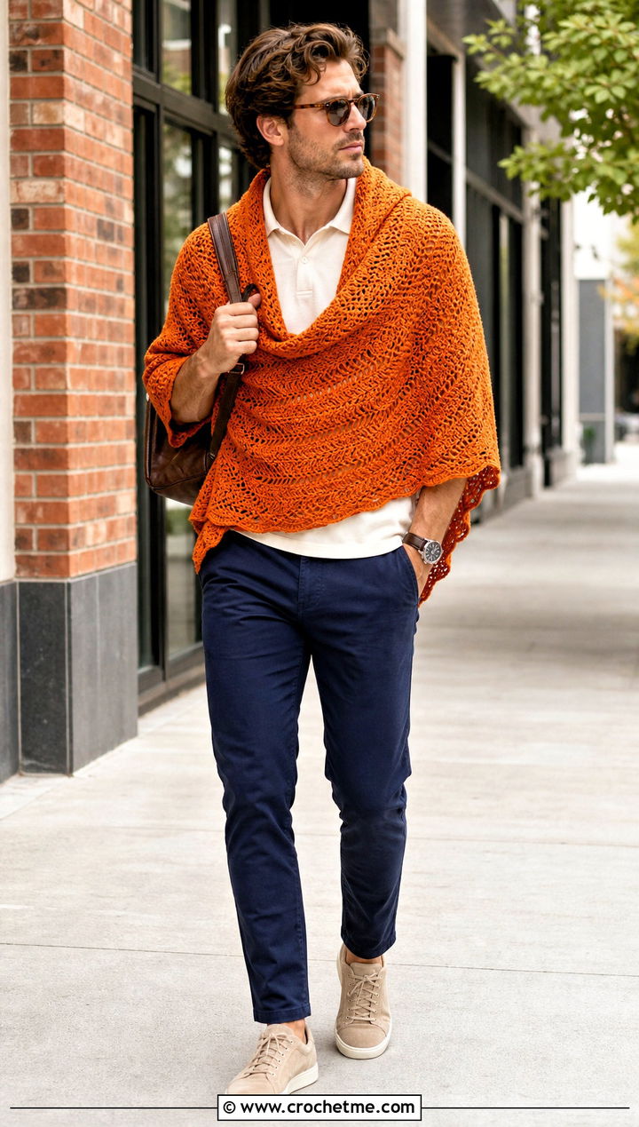 Ripple Stitch Crochet Mens Poncho With Chinos - 25 crochet men's poncho outfit ideas