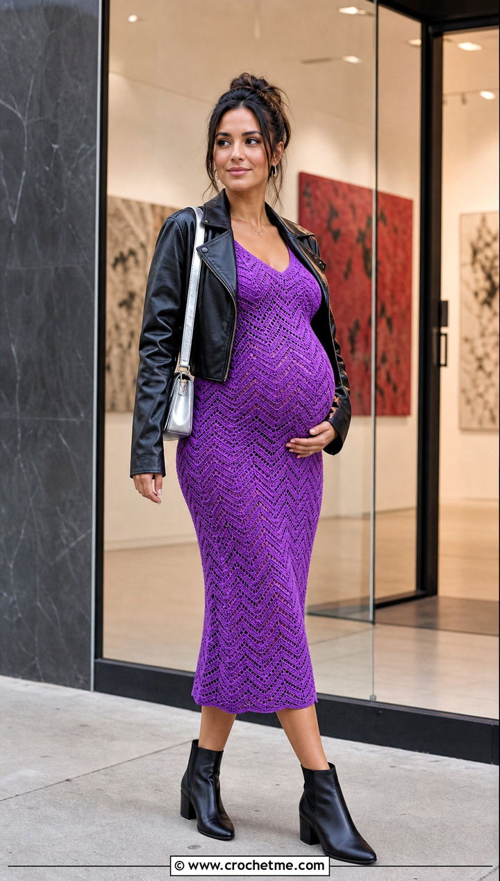 Ripple Stitch Crochet Midi Dress With Leather Jacket - 15 maternity crochet dress outfit ideas