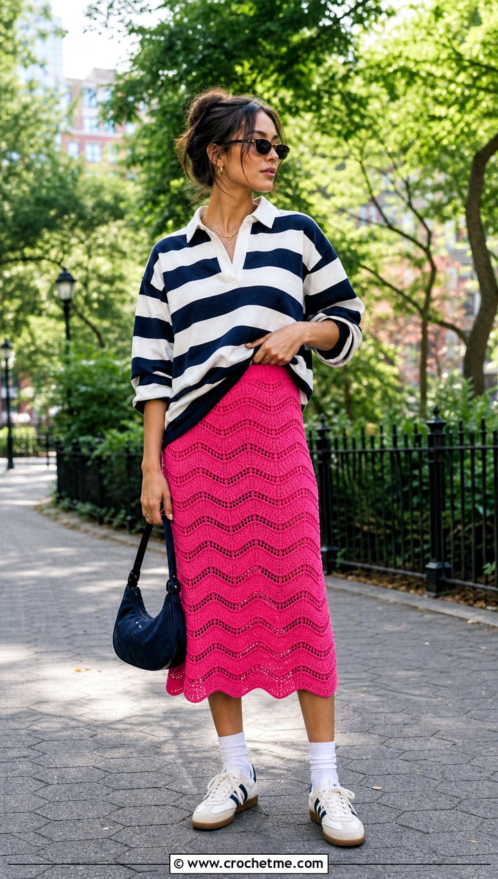 Ripple Stitch Crochet Midi Skirt With Rugby Shirt - 25 crochet skirt y2k outfit ideas