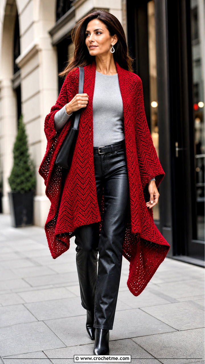 Ripple Stitch Crochet Ruana With Leather Pants - 35 crochet ruana outfit ideas