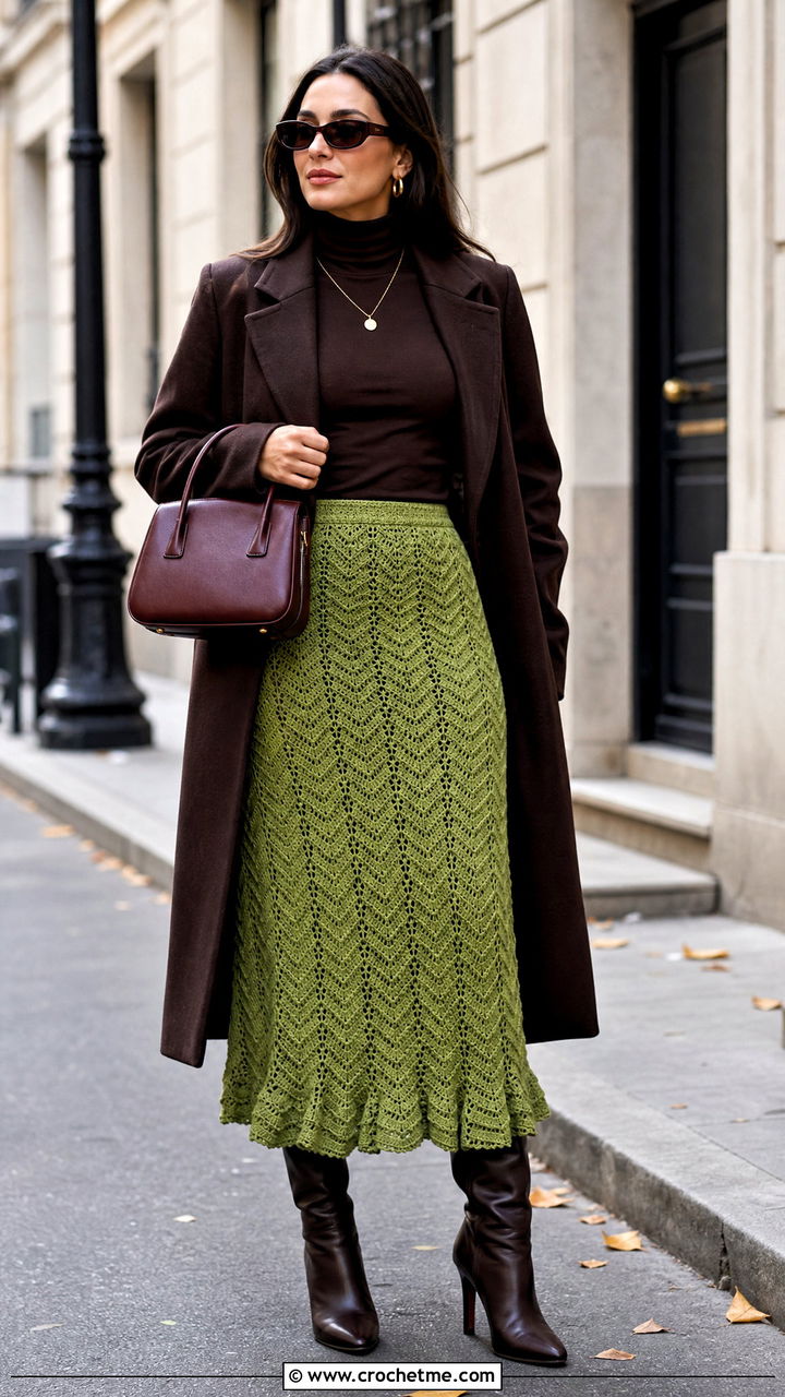Ripple Stitch Crochet Ruffle Midi Skirt With Turtleneck - 35 crochet ruffle skirt outfit ideas