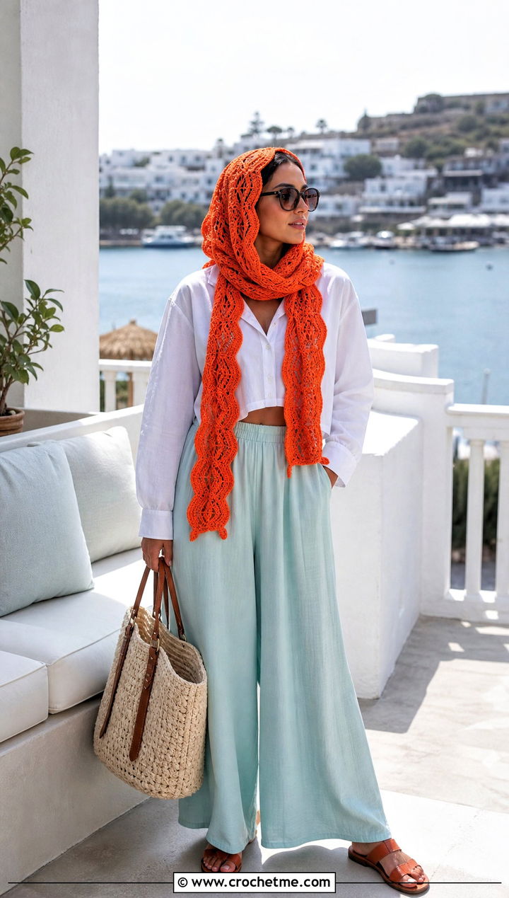 Ripple Stitch Crochet Scarf With Crop Shirt And Palazzo Pants - 35 summer crochet scarf outfit ideas