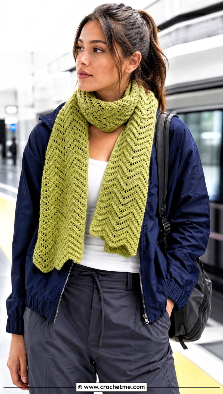 Ripple Stitch Crochet Scarf With Track Jacket - 20 Beginner Crochet Projects Scarf outfit ideas