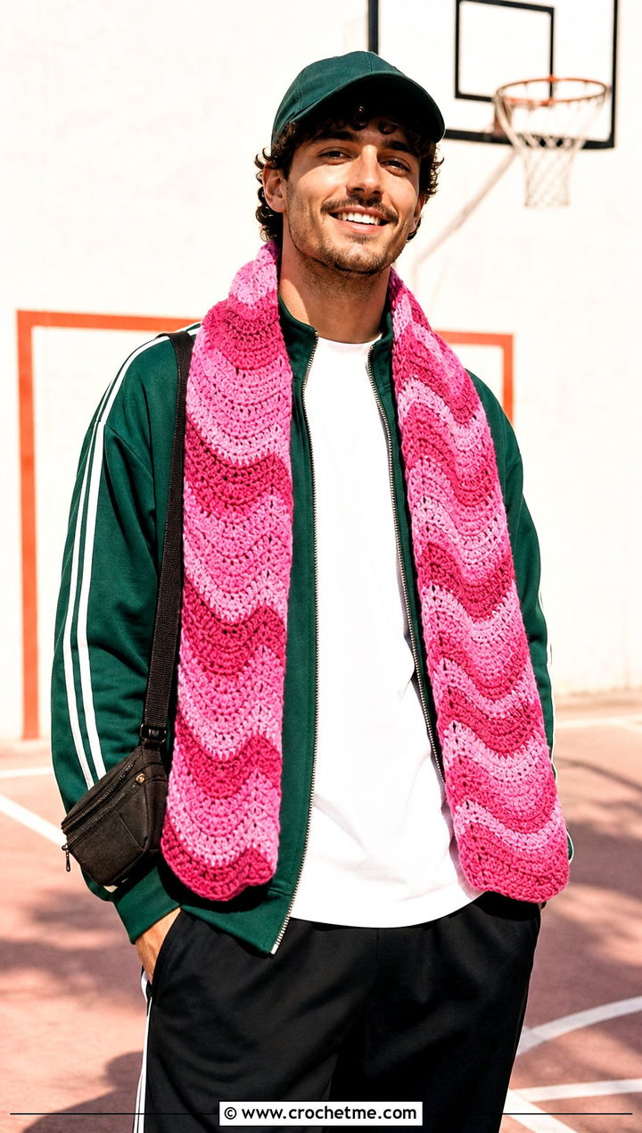Ripple Stitch Crochet Scarf With Track Jacket - 30 male crochet scarf outfit ideas