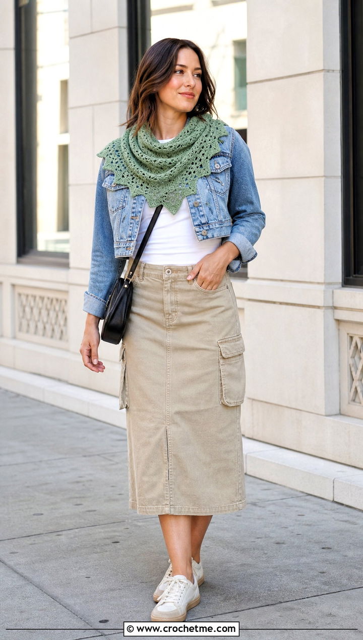 Ripple Stitch Crochet Shawl With Denim Jacket And Cargo Skirt - 35 easy crochet shawl outfit ideas