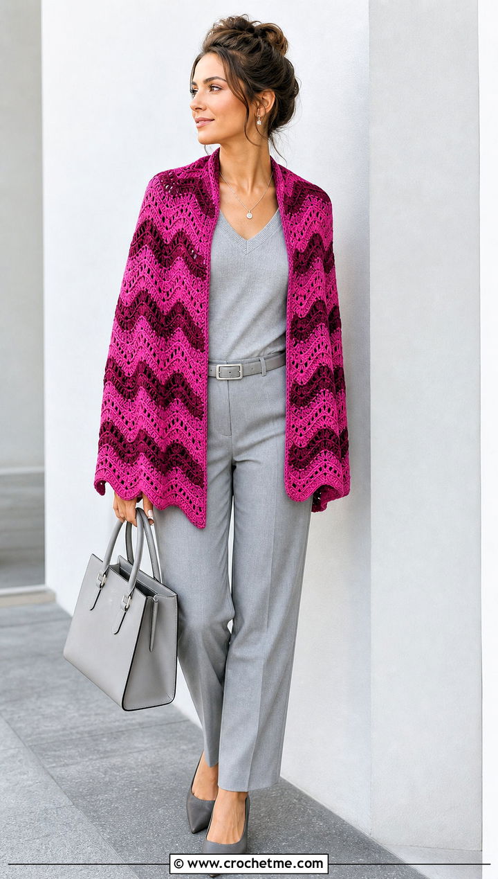 Ripple Stitch Crochet Shawl With Monochrome Outfit - 25 crochet for shawls outfit ideas