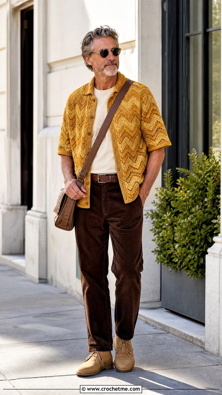 Ripple Stitch Crochet Shirt With Corduroy Trousers - 35 crochet shirts for men outfit ideas