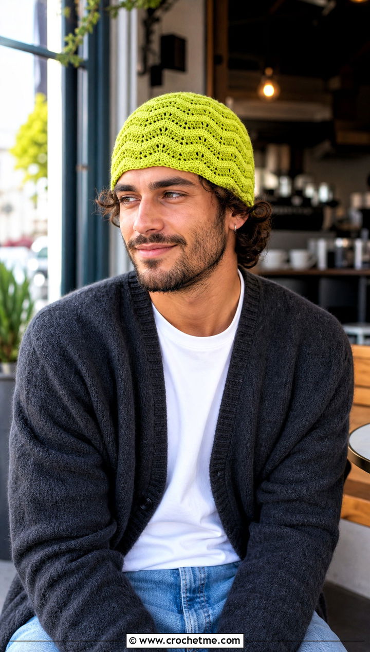 Ripple Stitch Crochet Skull Cap With Cardigan And Relaxed Jeans - 25 Crochet Skull Cap For Men outfit ideas