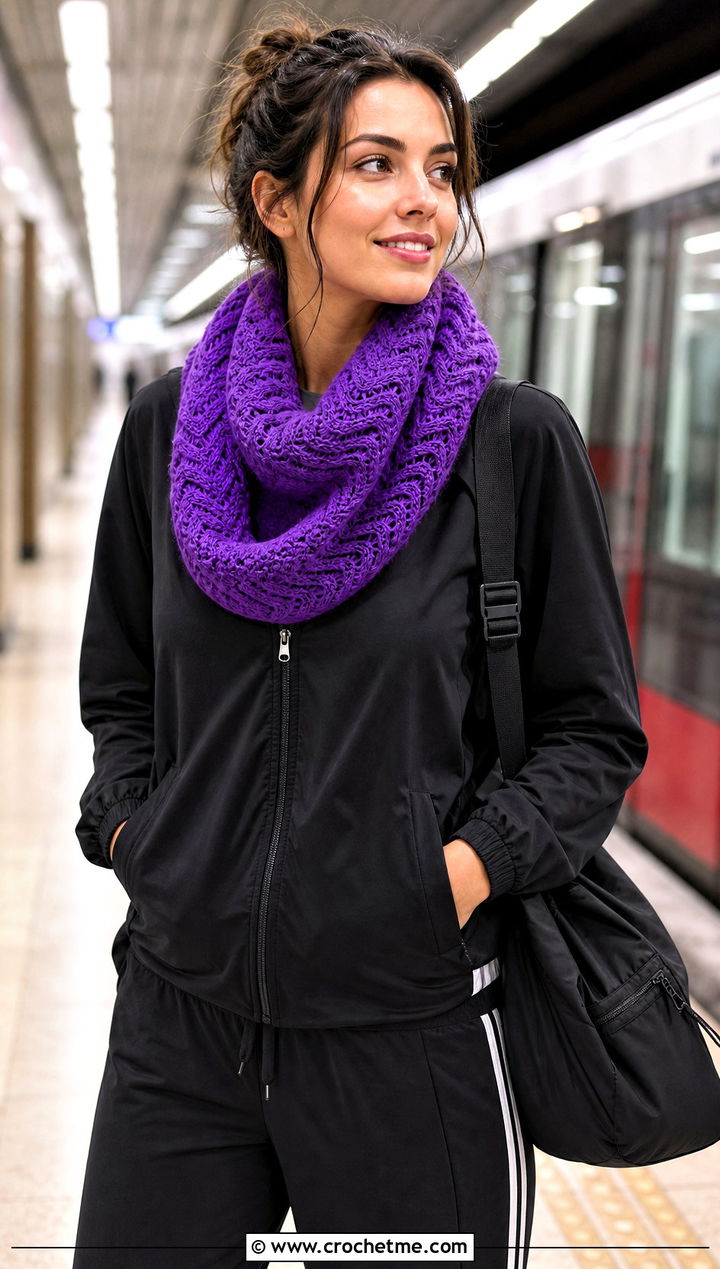 Ripple Stitch Crochet Snood Scarf With Tracksuit - 25 snood crochet scarf outfit ideas