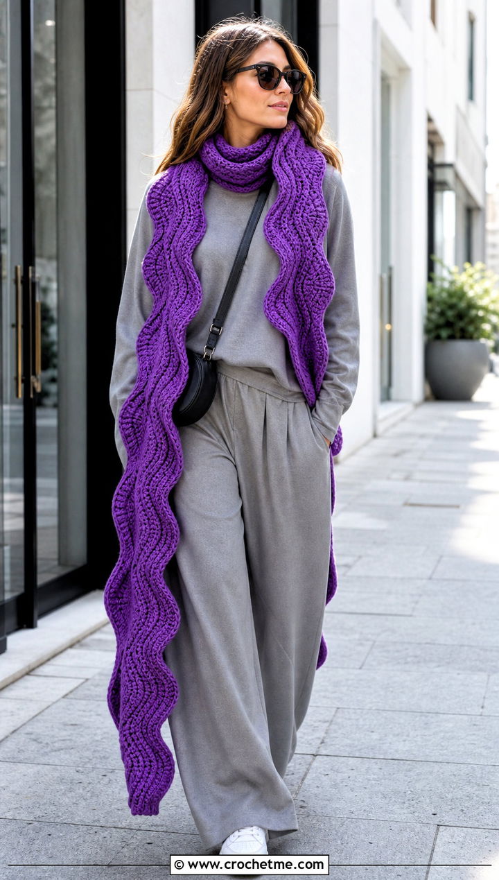 Ripple Stitch Crochet Super Scarf With Monochrome Outfit - 15 ripple stitch crochet scarf outfit ideas