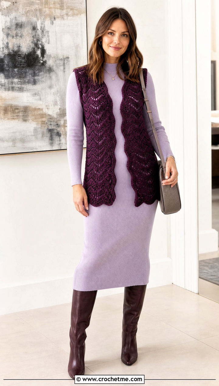 Ripple Stitch Crochet Waistcoat With Knit Midi Dress - 35 crochet waist coat outfit ideas