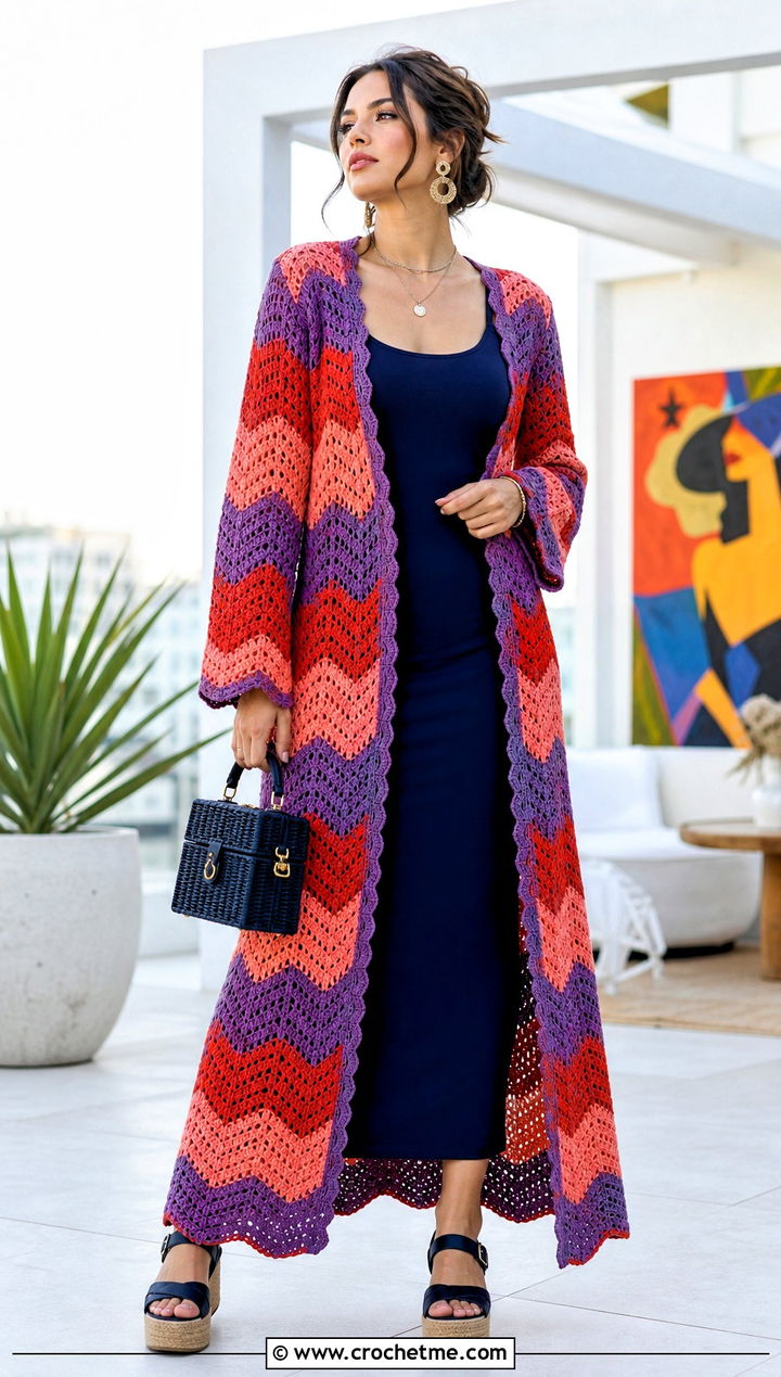 Ripple Stitch Duster Jacket With Tank Dress - 15 Colorful Crochet Jacket Design outfit ideas