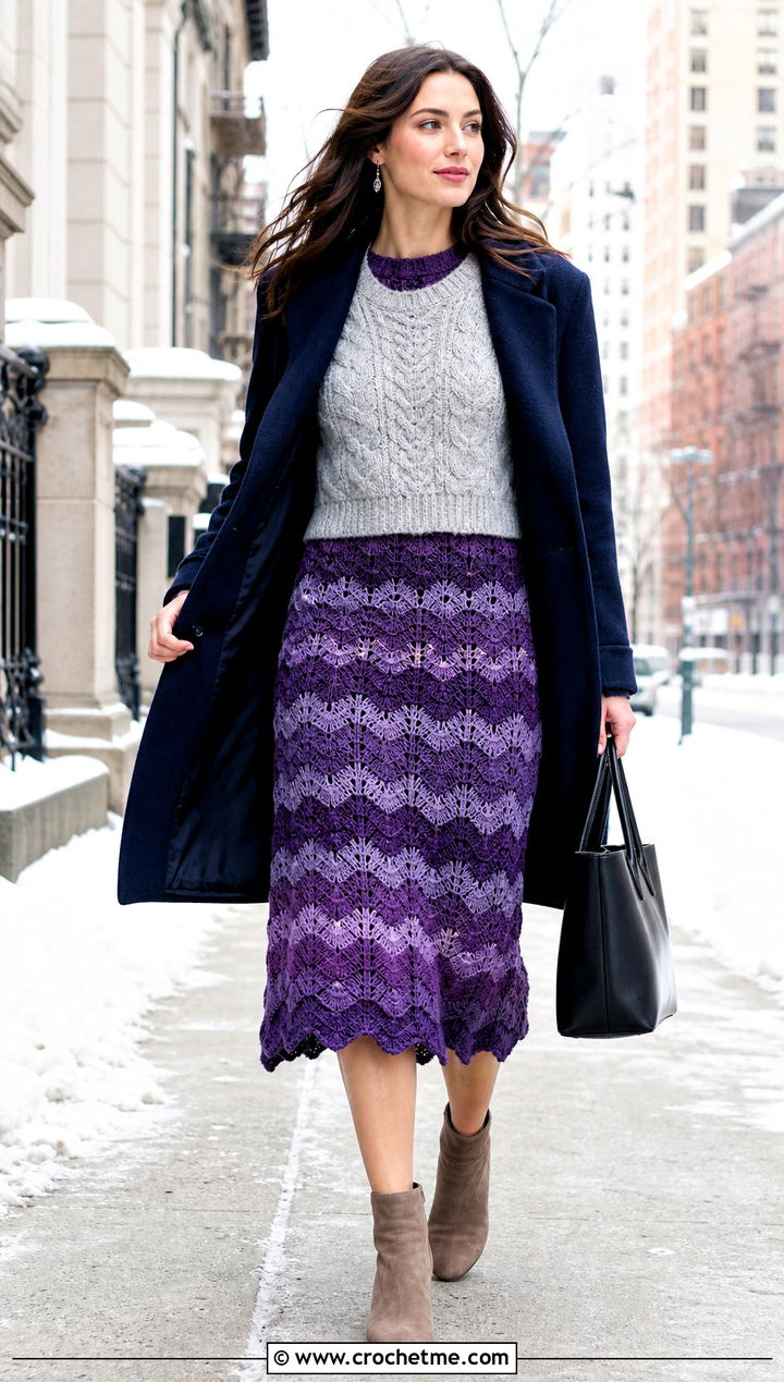Ripple Stitch Midi Skirt Set With Cable Knit Sweater - 35 Crochet Skirts Set Outfit ideas