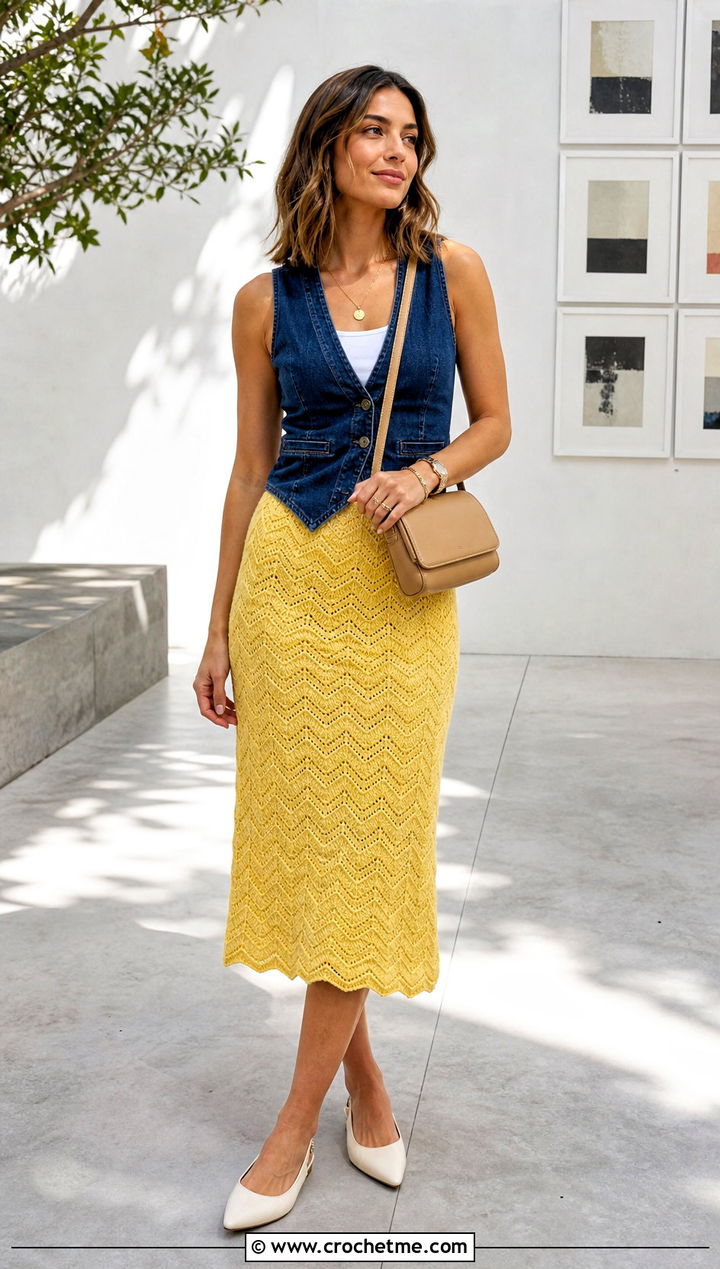 Ripple Stitch Midi Skirt With Denim Vest - 15 crochet zigzag skirt outfit ideas