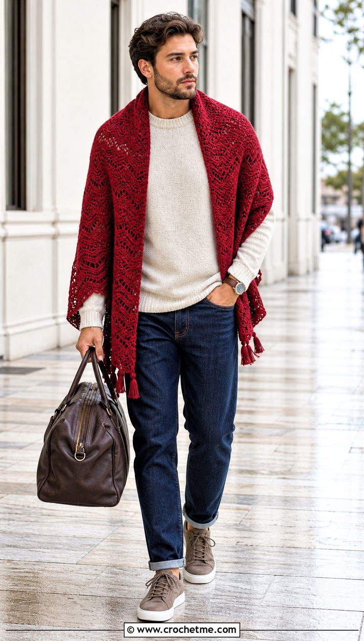 Ripple Stitch Prayer Shawl With Crewneck Sweater And Dark Denim - 20 Mens Crochet Prayer Shawl outfit ideas