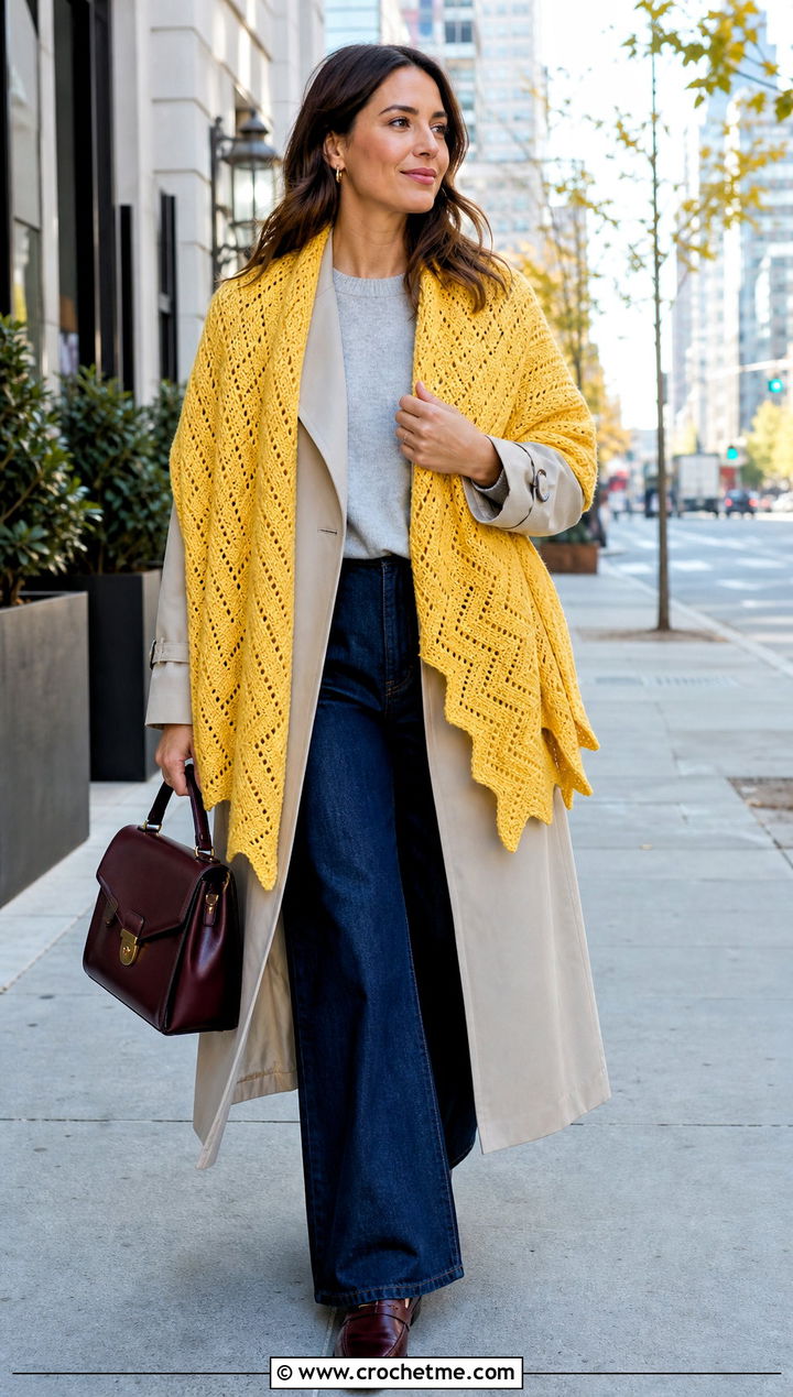 Ripple Stitch Prayer Shawl With Trench Coat And Jeans - 15 Crochet Prayer Shawl Amazing Grace outfit ideas