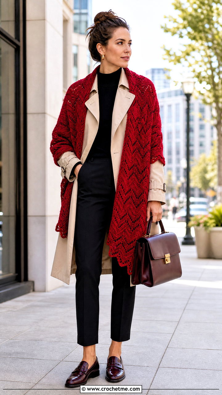 Ripple Stitch Prayer Shawl With Trench Coat - 35 crochet prayer shawl outfit ideas