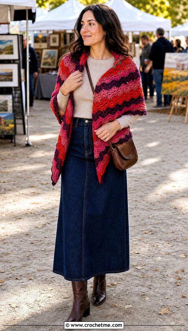 Ripple Stitch Rectangular Crochet Shawl With Denim Maxi Skirt - 30 rectangular crochet shawls outfit ideas