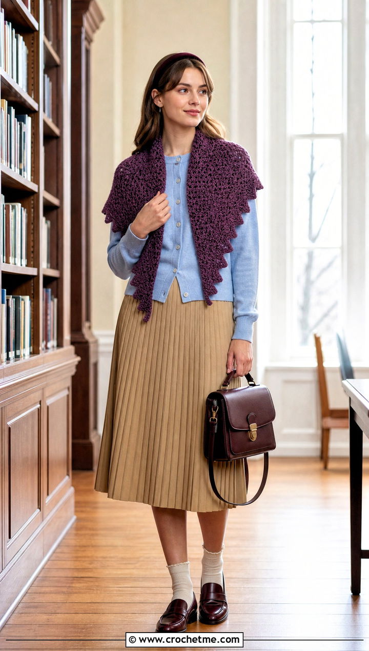Ripple Stitch Triangle Shawl With Cardigan And Pleated Skirt - 35 Easy Simple Crochet Triangle Shawl outfit ideas
